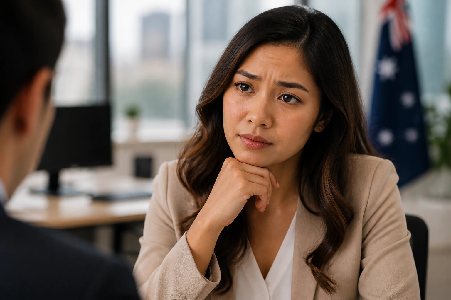 Close-up portrait of a candidate in an Australian interview, illustrating common rejection reasons