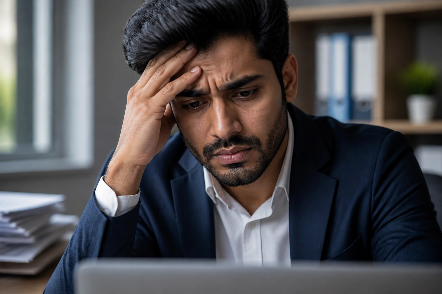 Close-up portrait of a worried overseas applicant in an office, symbolizing rejection reasons