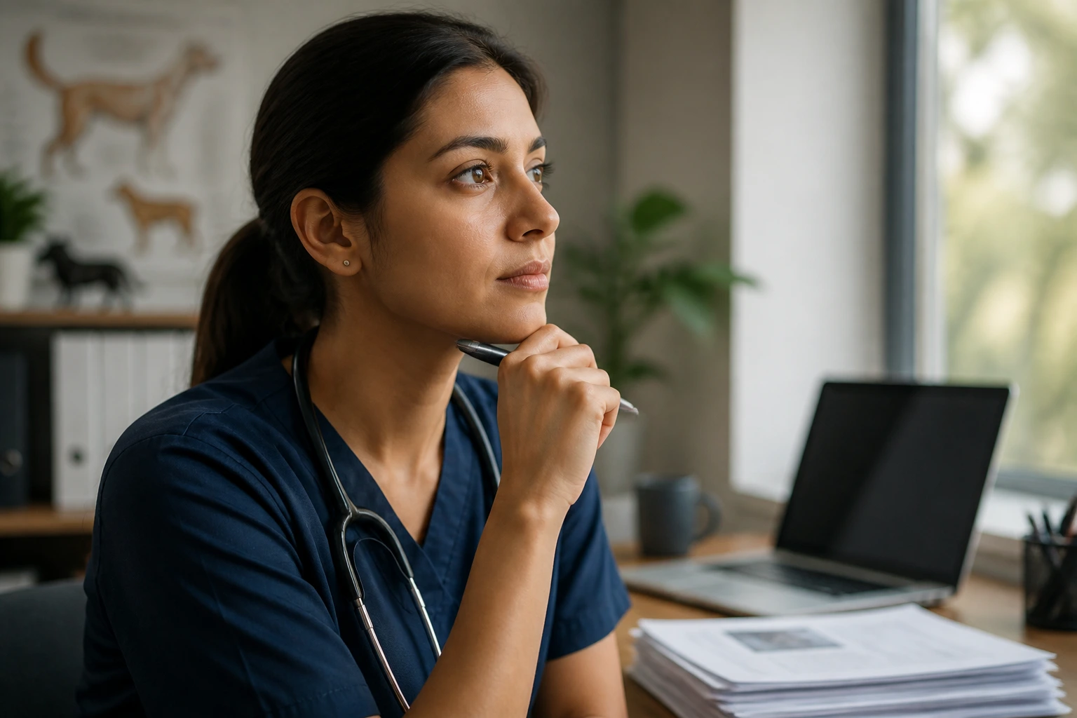 Close-up portrait of a veterinary job applicant facing rejection with a determined look in an office