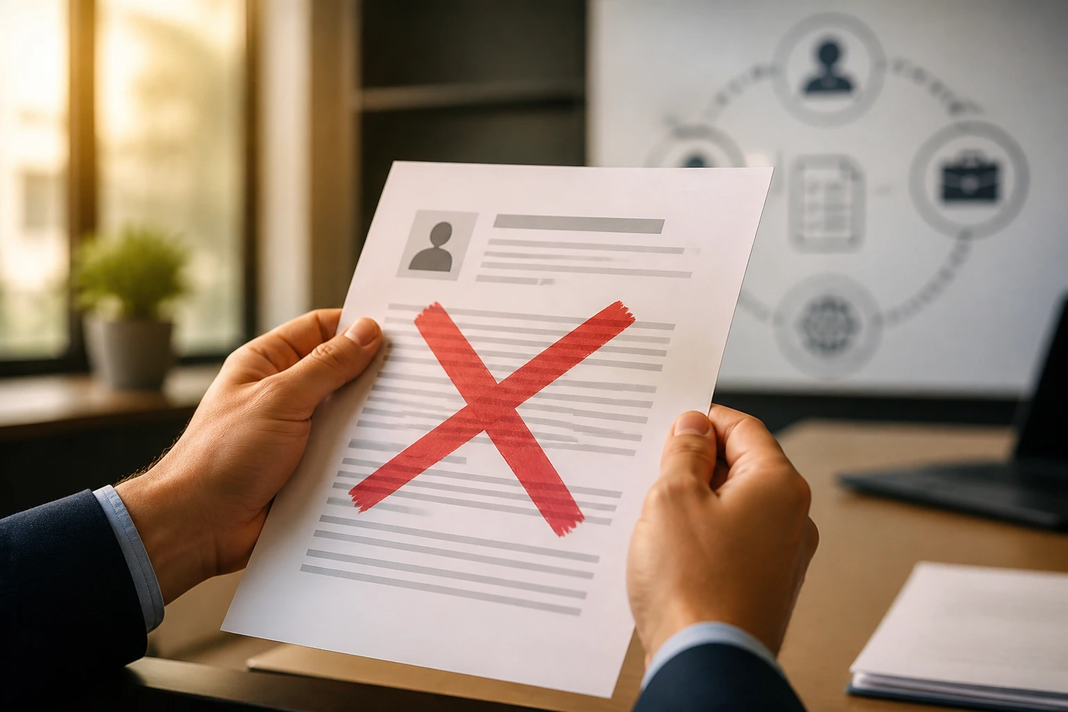 Hands holding a document with a red X indicating common rejection reasons.