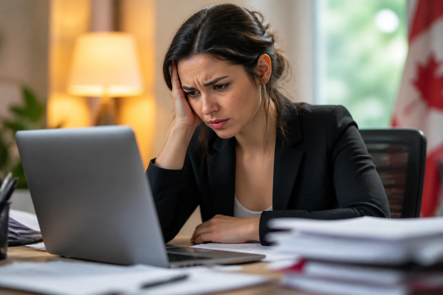 Concerned professional looking at a computer screen