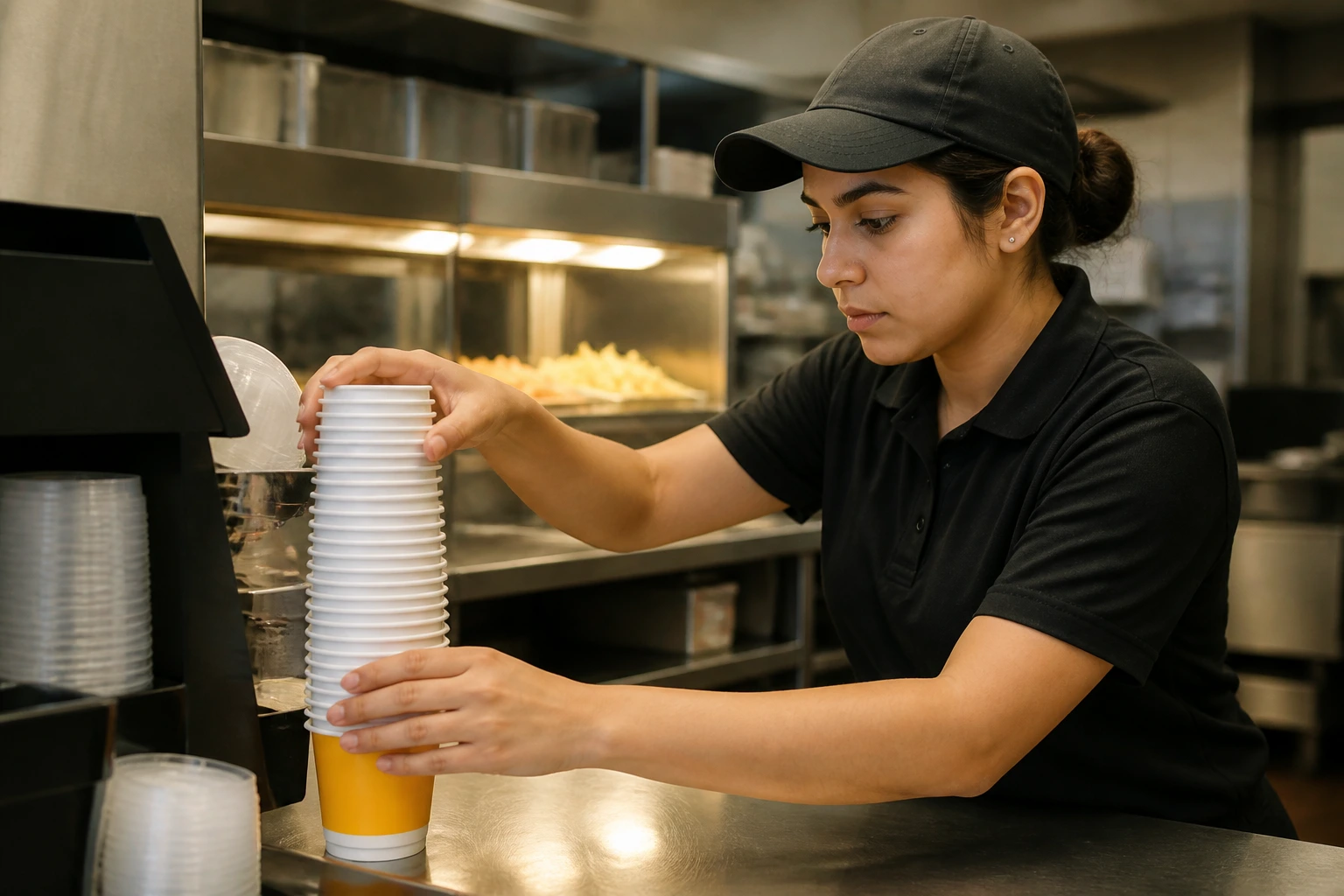 Close-up of a reliable fast-food worker performing a meticulous task
