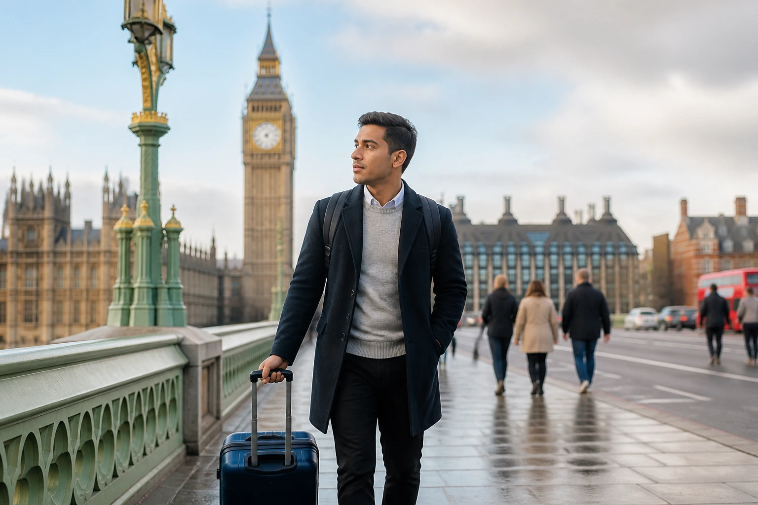 Relocating professional walking with suitcase in a UK city