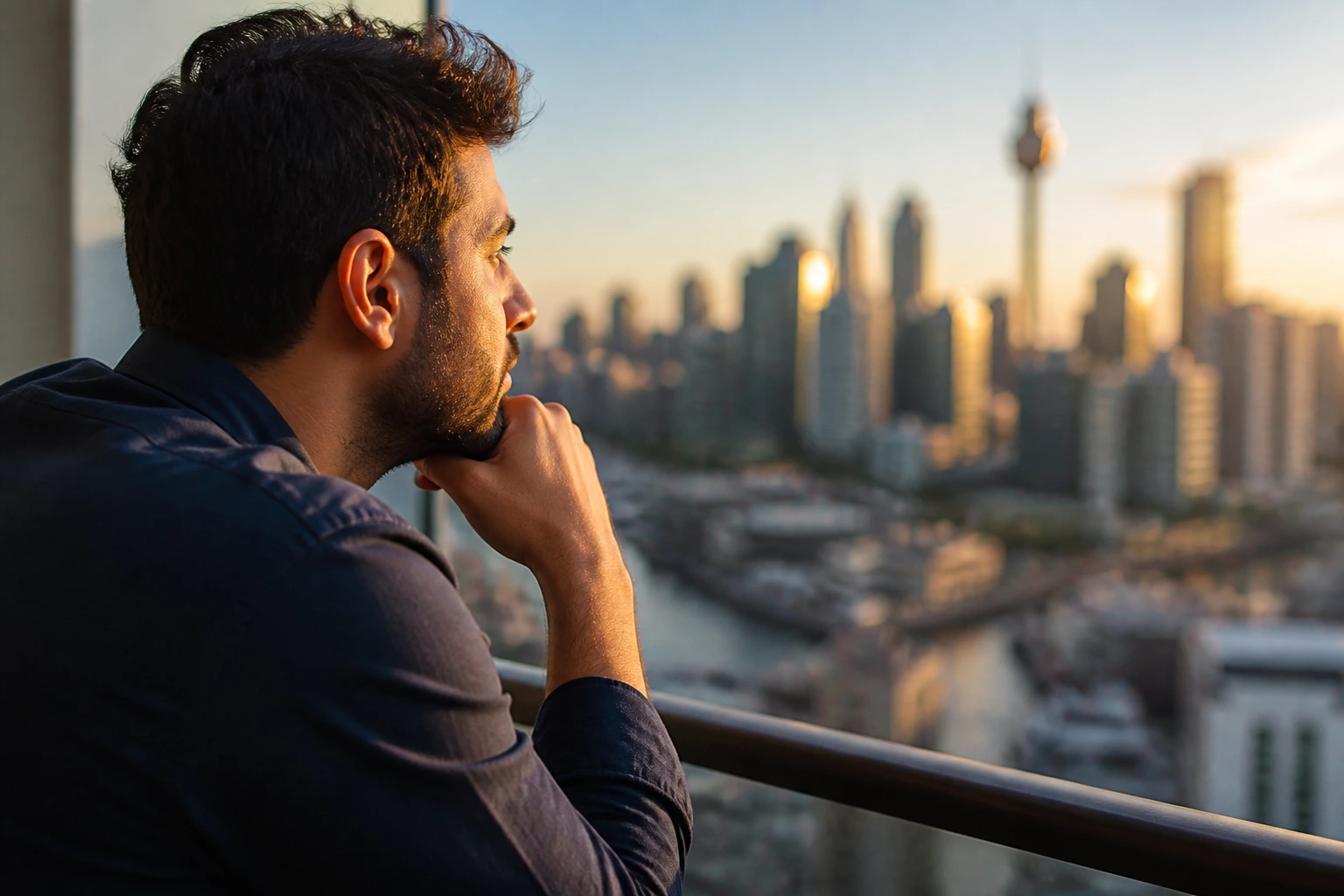 Person contemplating relocation with city skyline backdrop