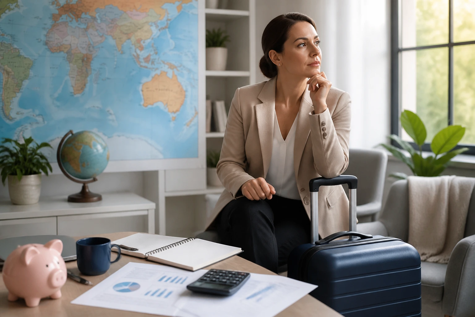 Professional with suitcase and map planning relocation to Australia