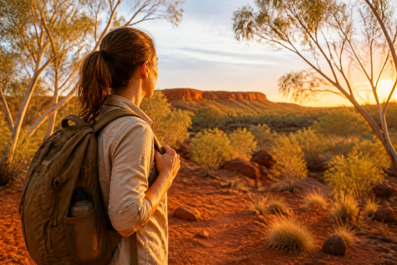 Person readying to relocate, standing in Australian outback setting.