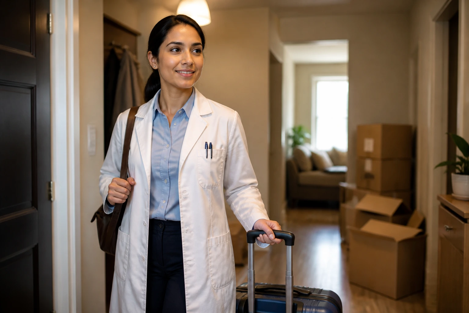 Pharmacist with suitcase and moving boxes in a home hallway illustrating relocation coverage