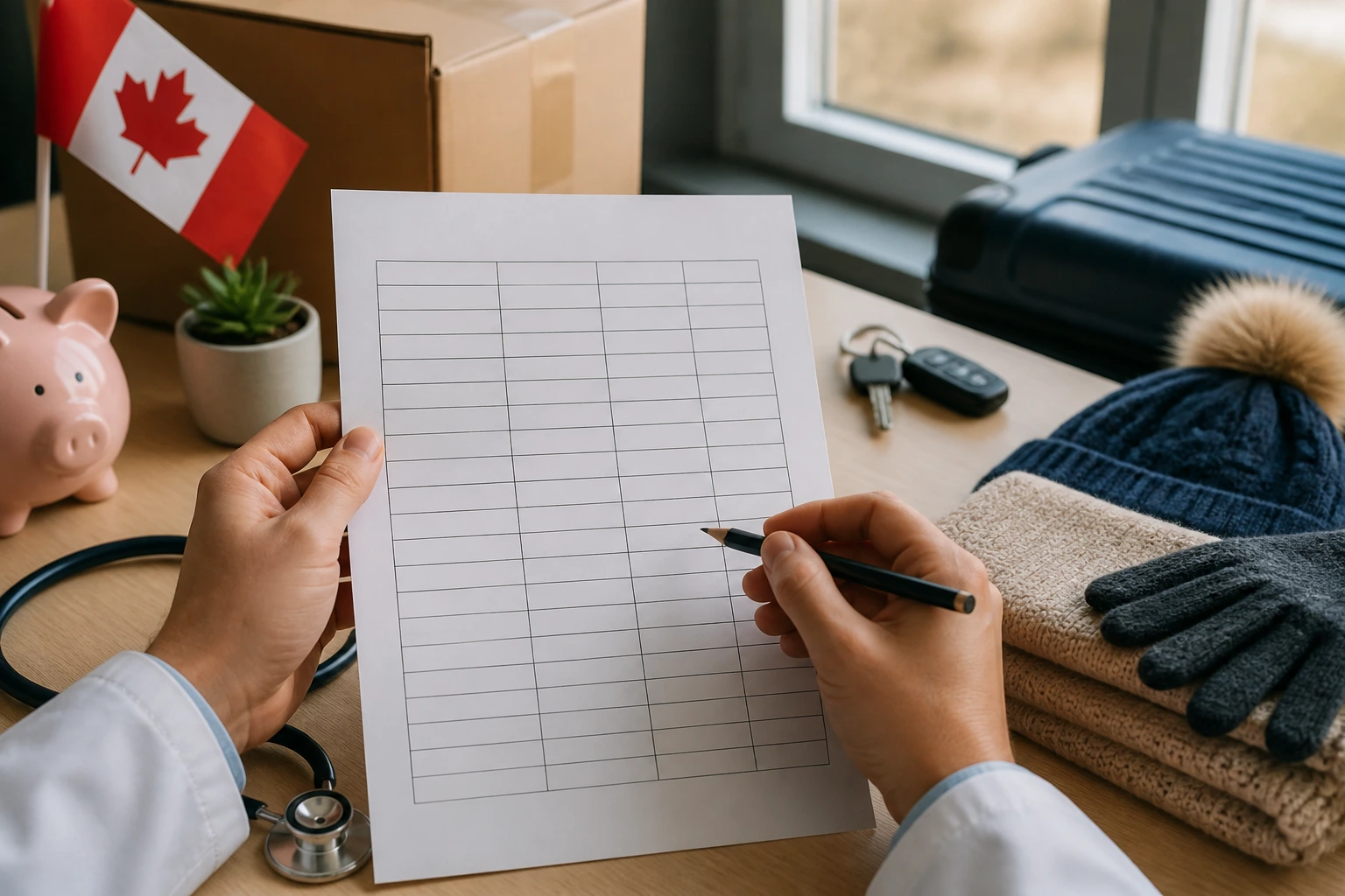 Person holding blank budgeting sheet with car keys nearby