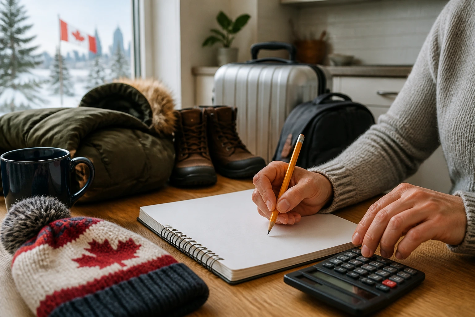 Person planning relocation budget with a blank notebook and pencil