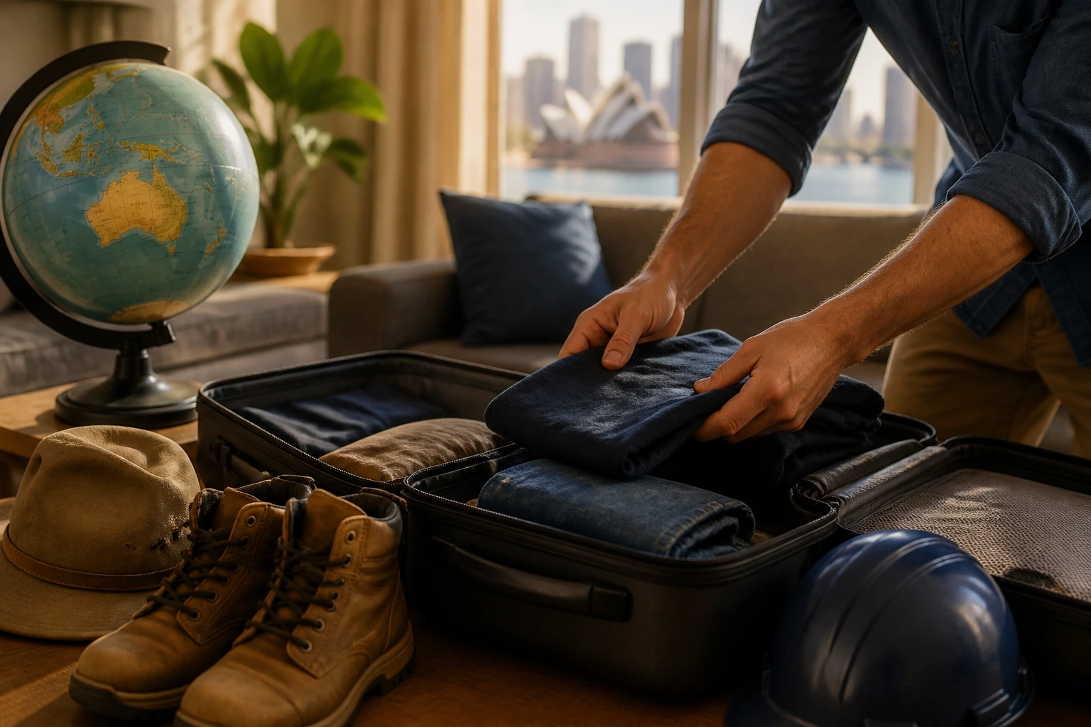 Person packing a travel bag during relocation planning at home