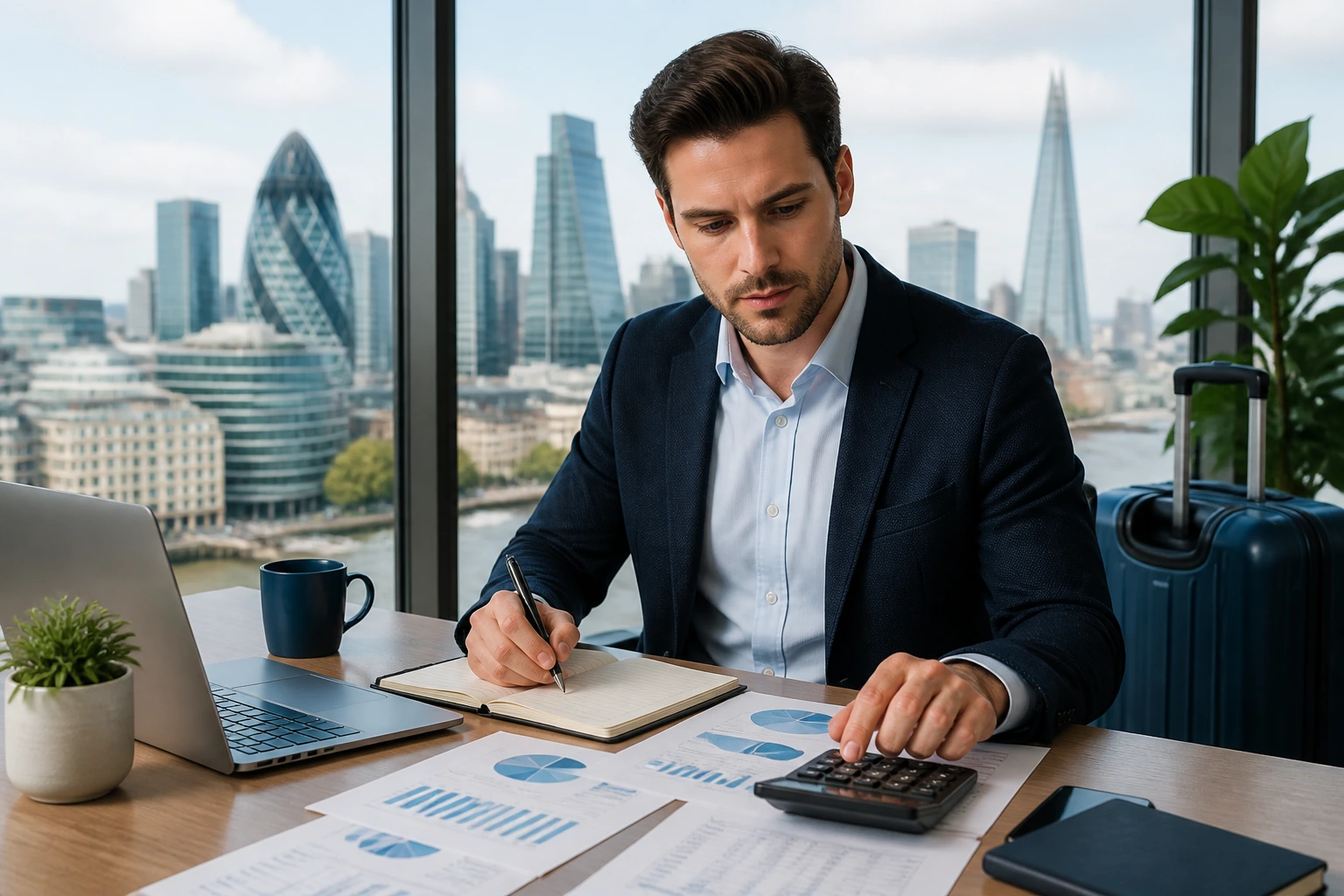 Close-up of a professional at a desk with laptop and city skyline, planning relocation and budgeting