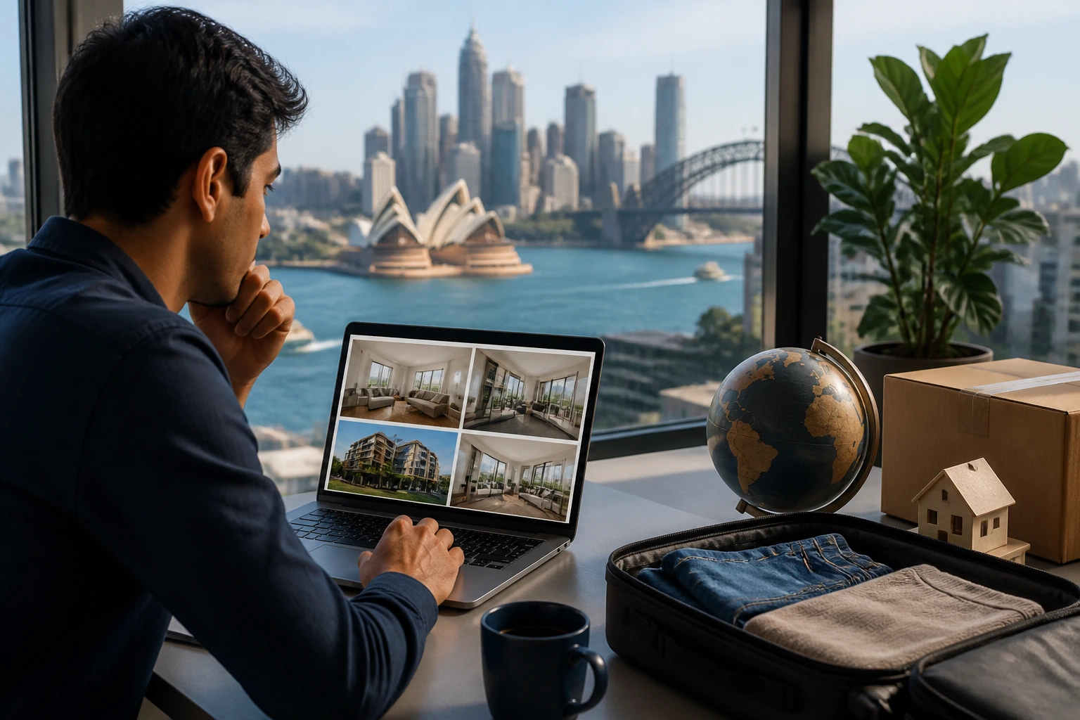 Person evaluating relocation costs with city skyline backdrop.