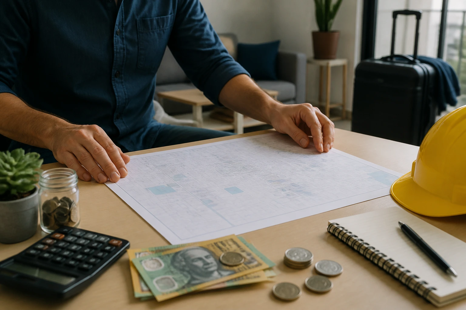 Hands planning relocation budget with a blank map on a desk, no text visible.