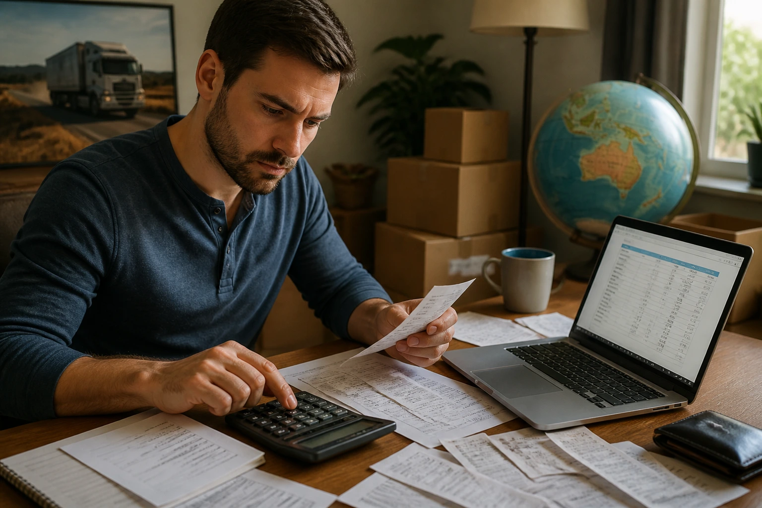 Person calculating relocation costs with calculator and documents