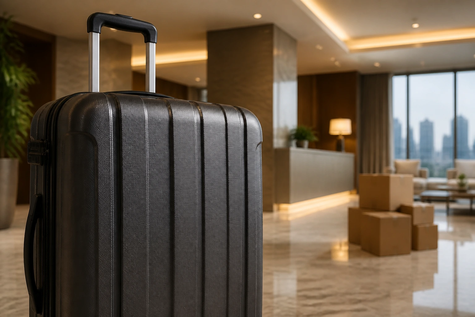 Close-up of a suitcase with a blurred apartment lobby behind