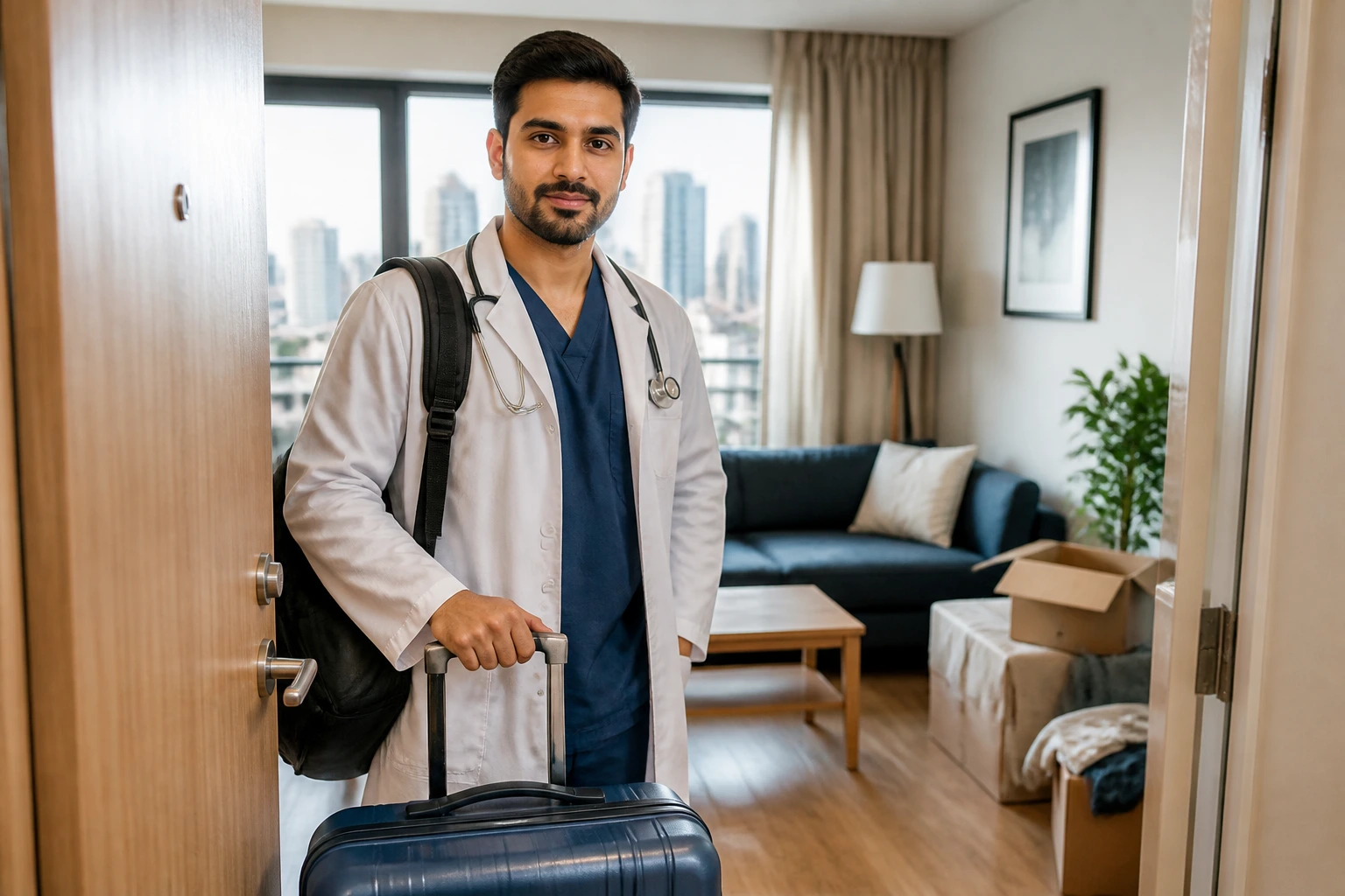Close-up portrait of a doctor in a city apartment doorway with a suitcase, representing relocation logistics