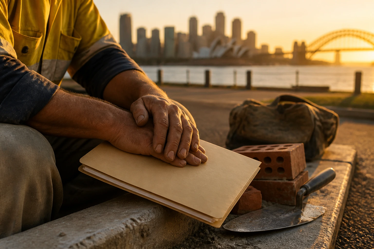 Bricklayer hands on a simple folder representing relocation finances