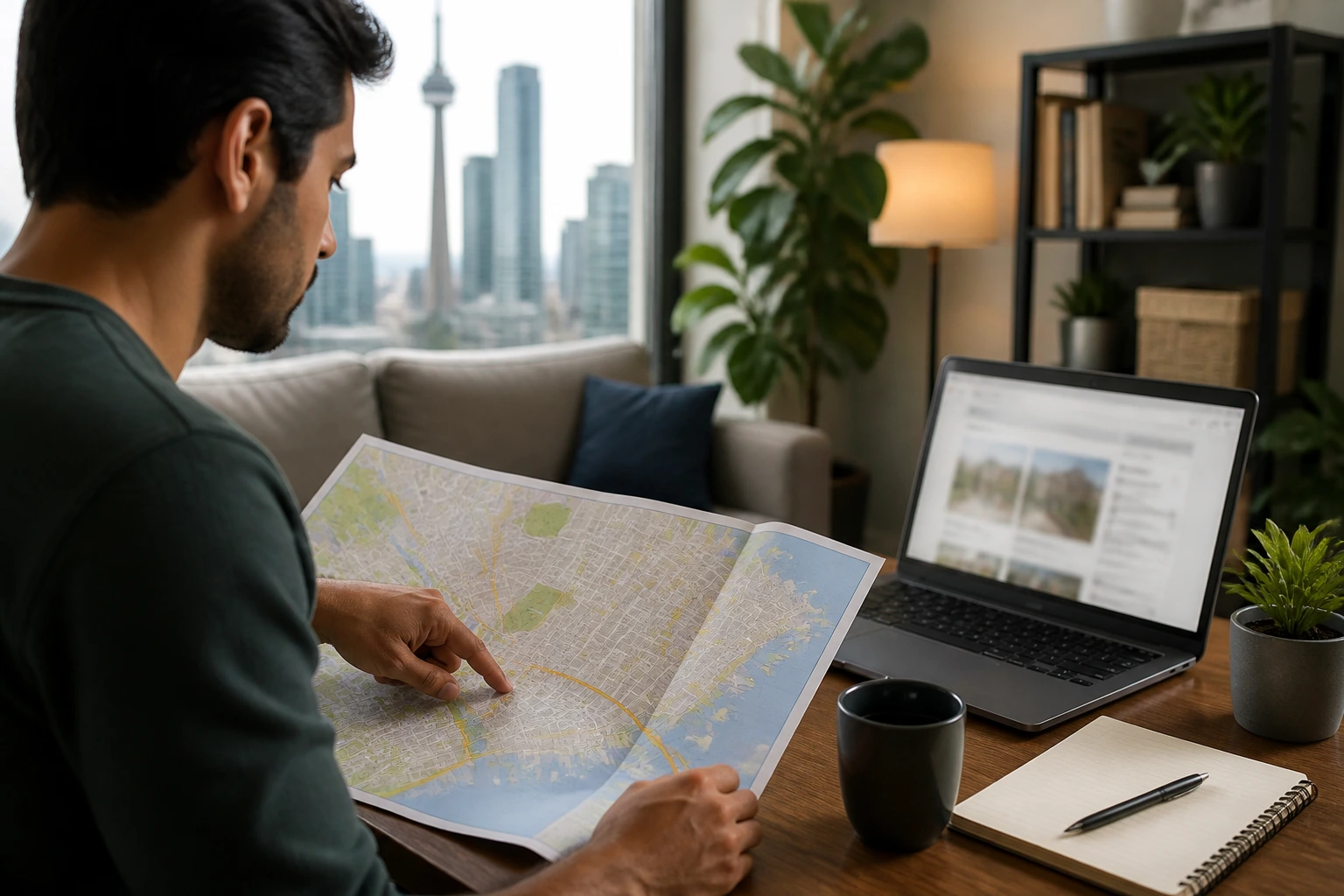 Close-up of person planning relocation with map and laptop