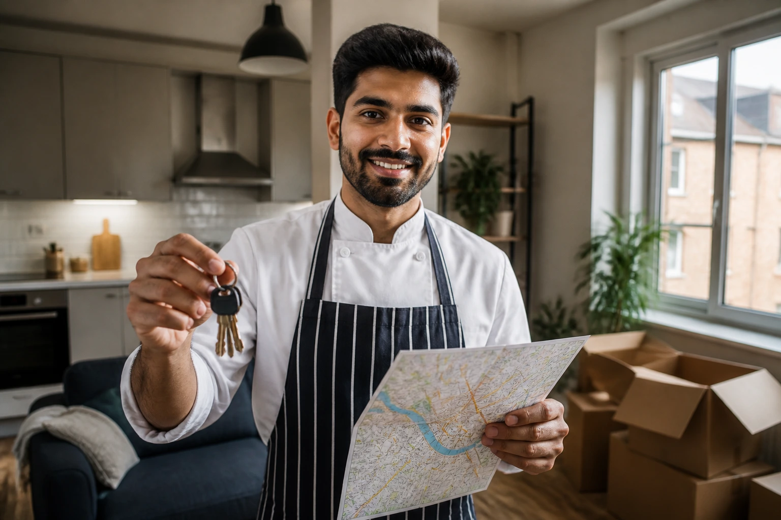 Close-up of a chef holding a map and keys in a home kitchen setting