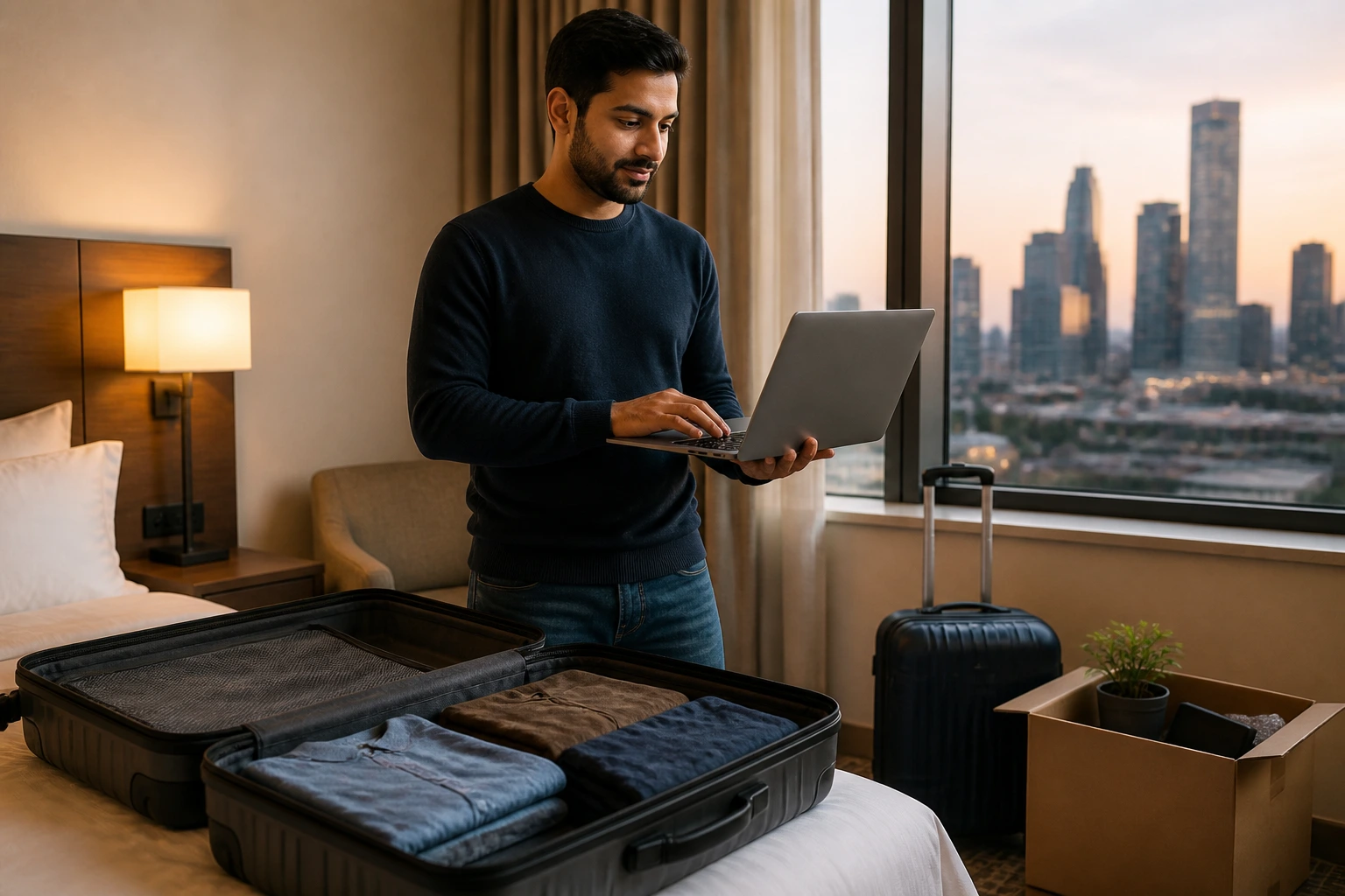 Professional with suitcase and laptop in hotel-like room ready to relocate