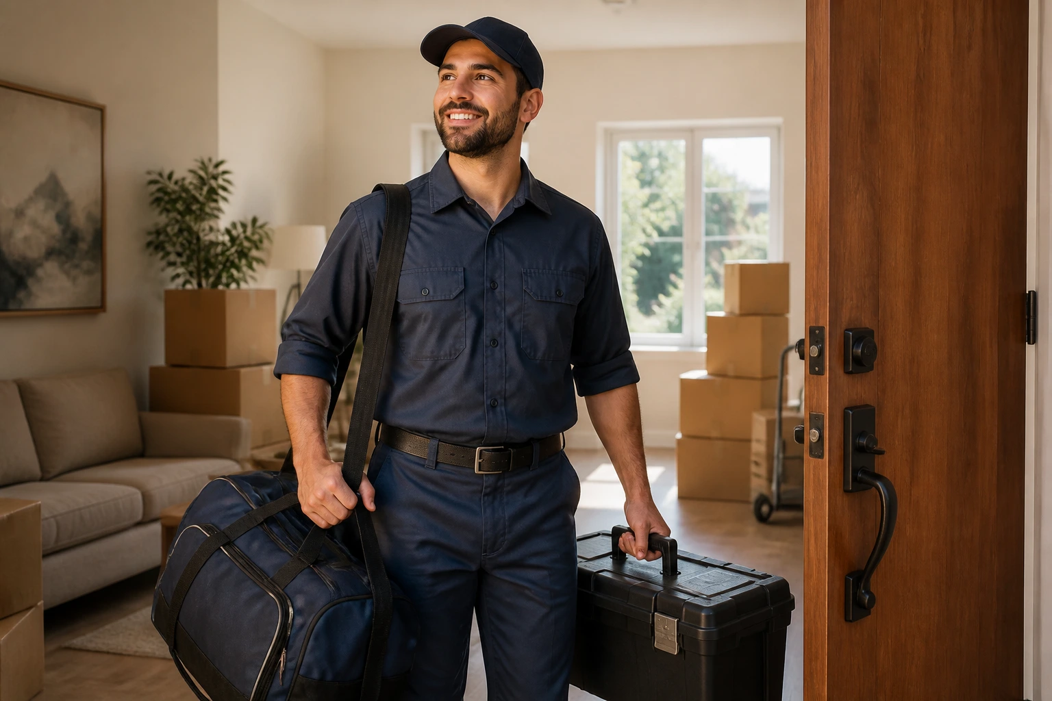Person with travel bag and toolkit by a doorway, representing relocation coverage