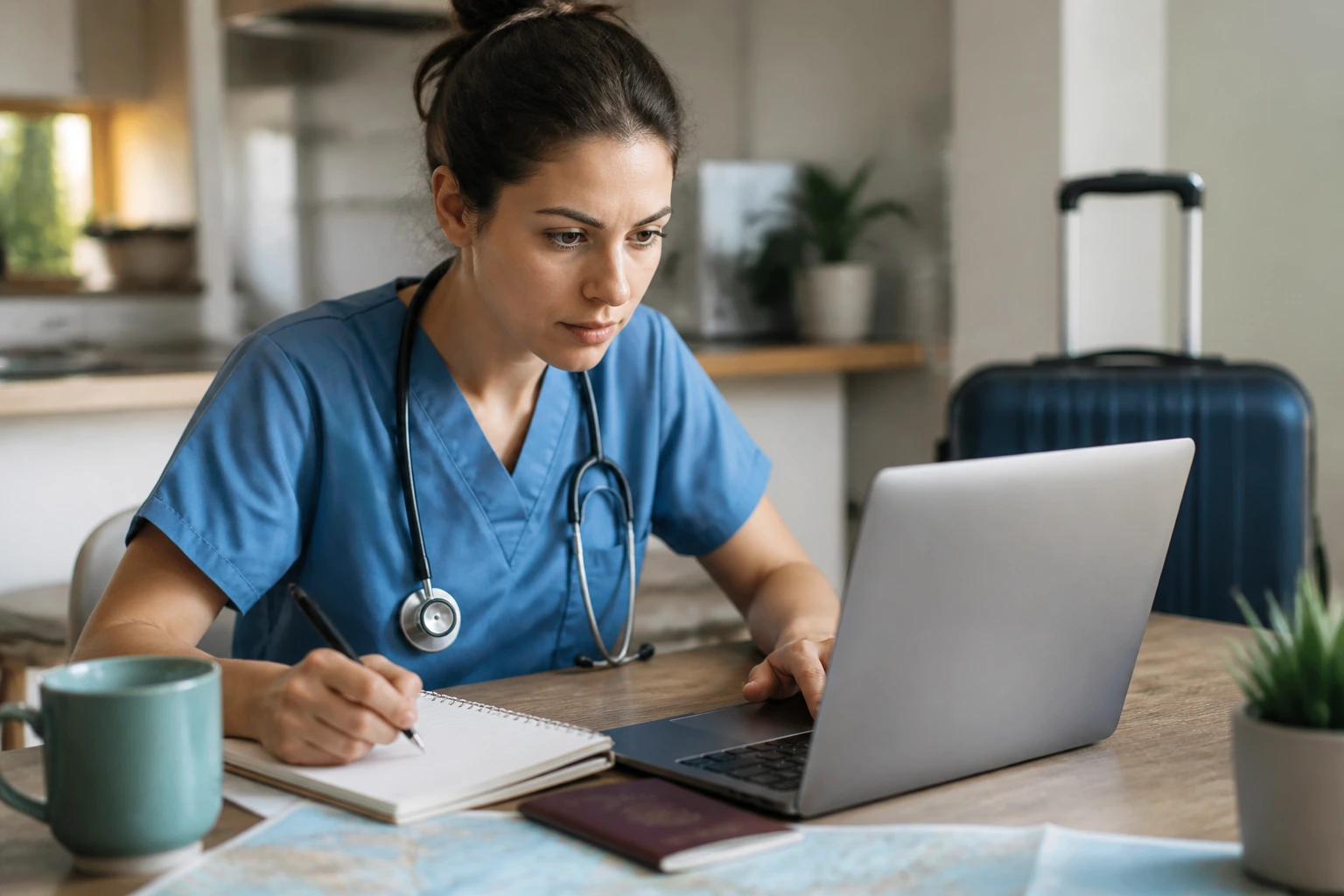 Person planning relocation logistics for Australia with laptop and notebook