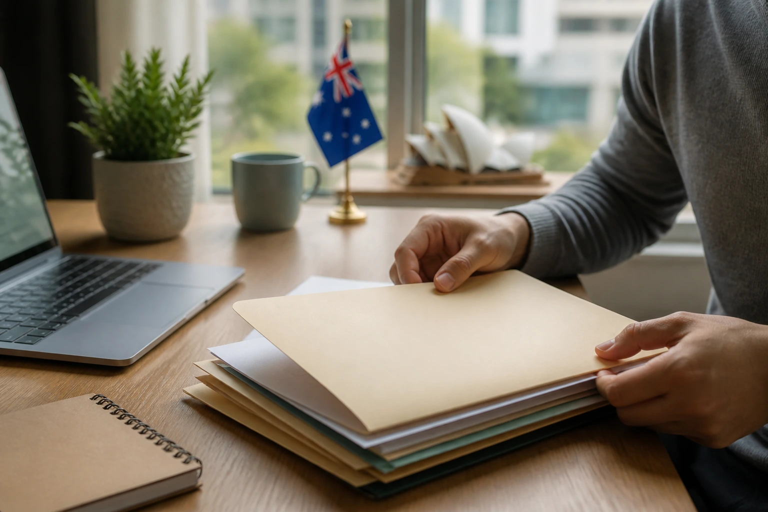 Close-up of hands organizing blank folders on a home-office desk, suggesting relocation budgeting