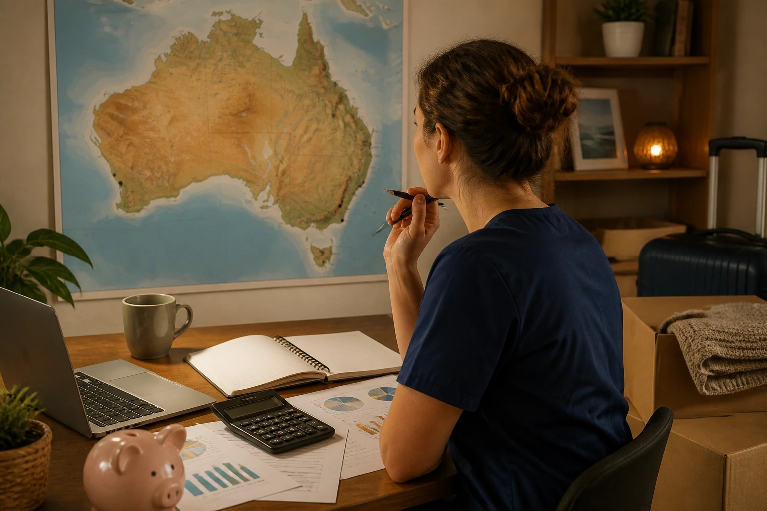 Person looking at a large wall map in a cozy home office, planning relocation to Australia