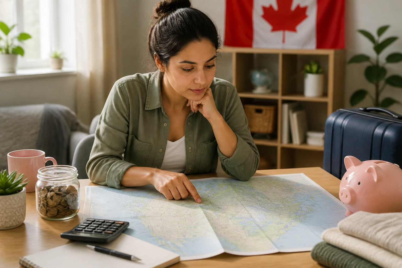Person planning relocation at a home office with a map