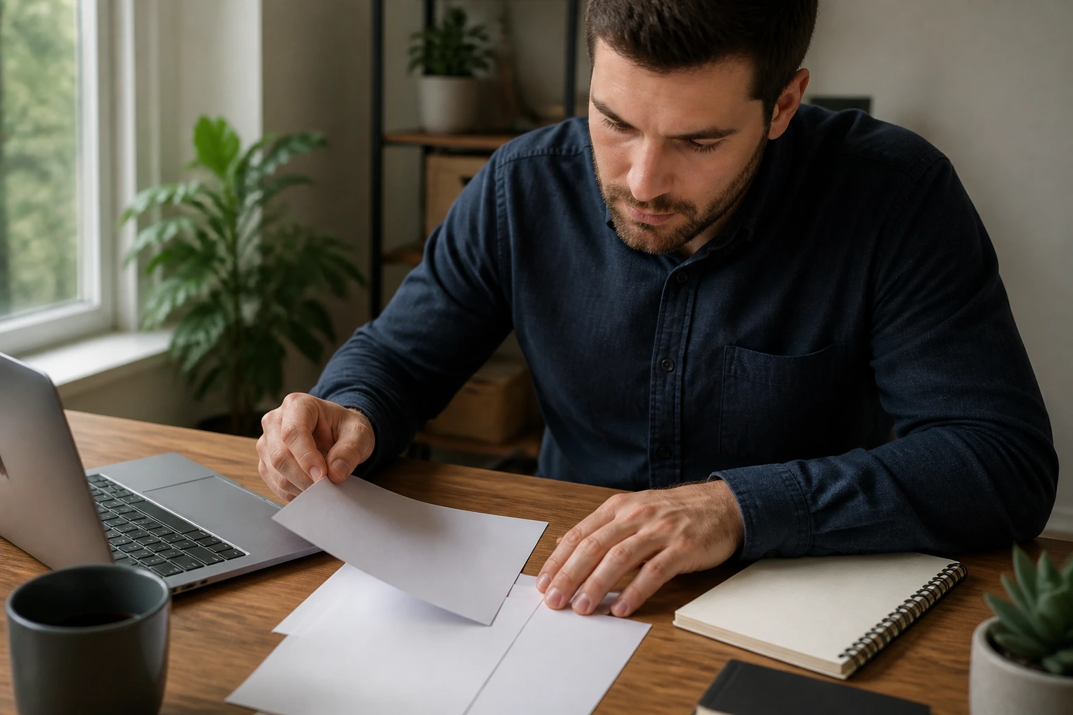 Close-up of a professional at a home office planning relocation finances with blank papers