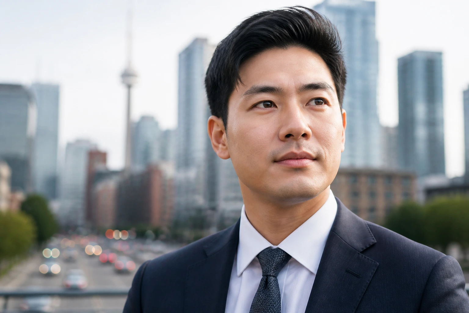 Professional portrait with cityscape backdrop representing relocation logistics