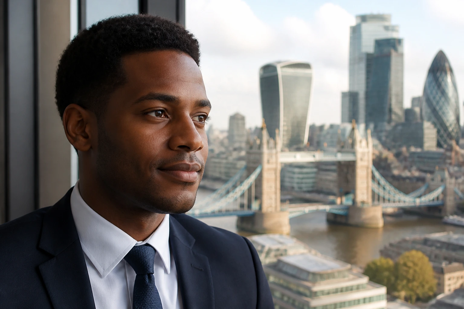 Portrait of a professional facing relocation to London with city view backdrop