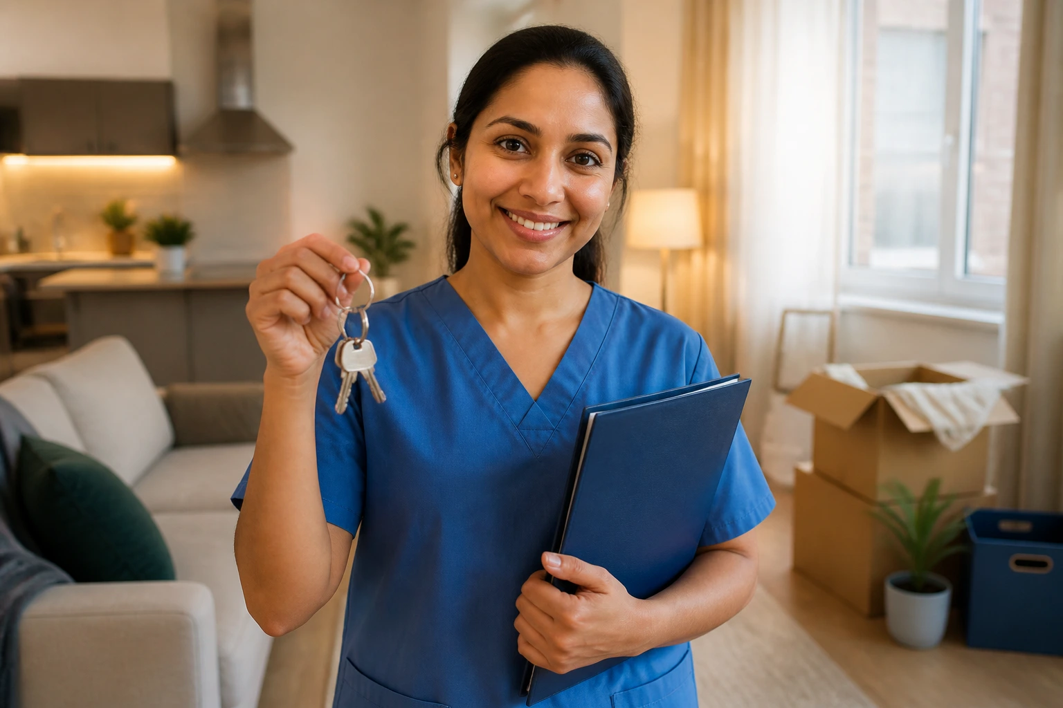 Nurse with keys and documents in a home setting ready to settle in