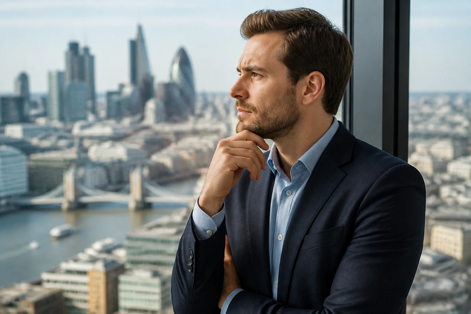 Professional looking over city skyline from a window, relocation considerations