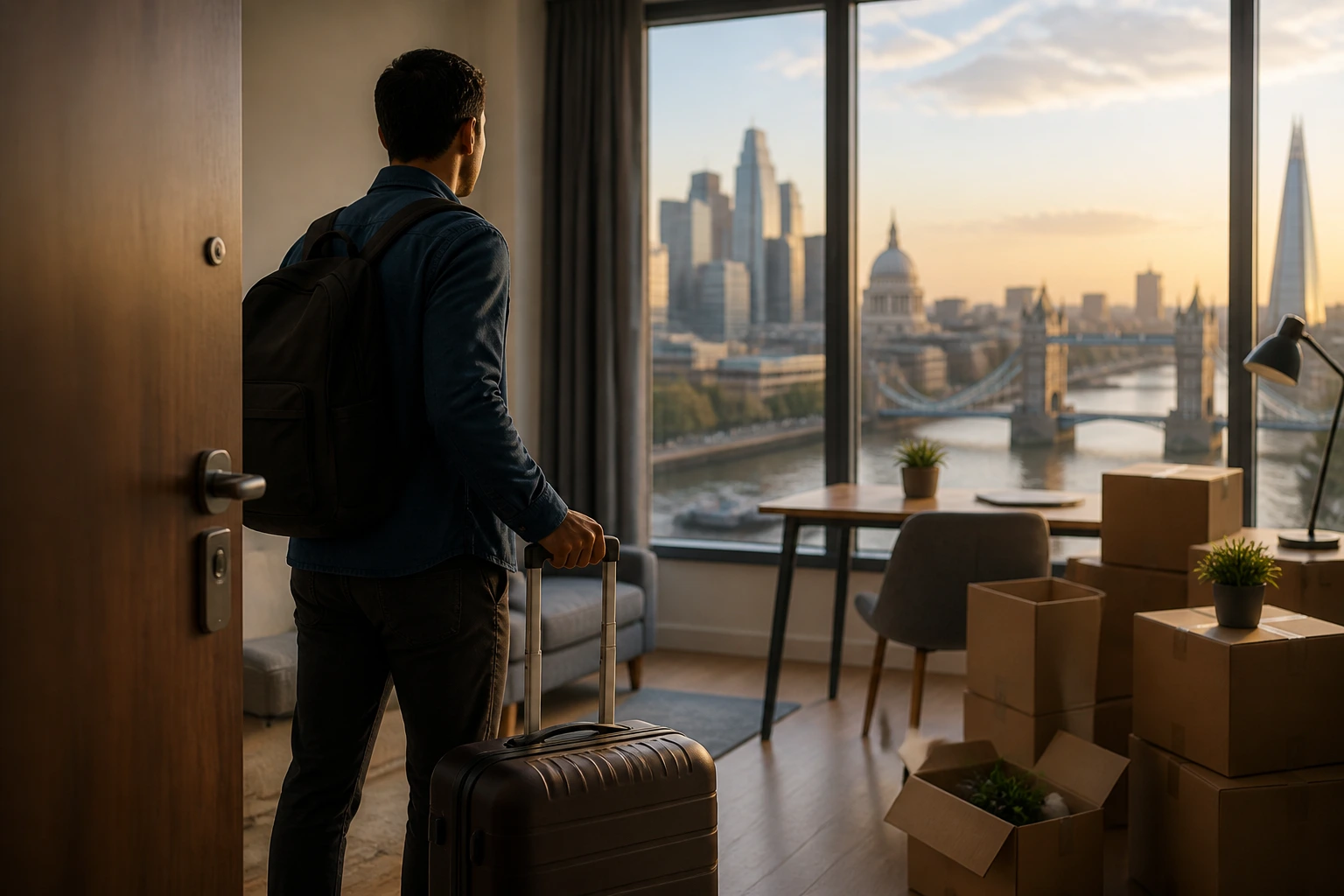 Person with rolling suitcase by a doorway overlooking a city skyline, representing relocation