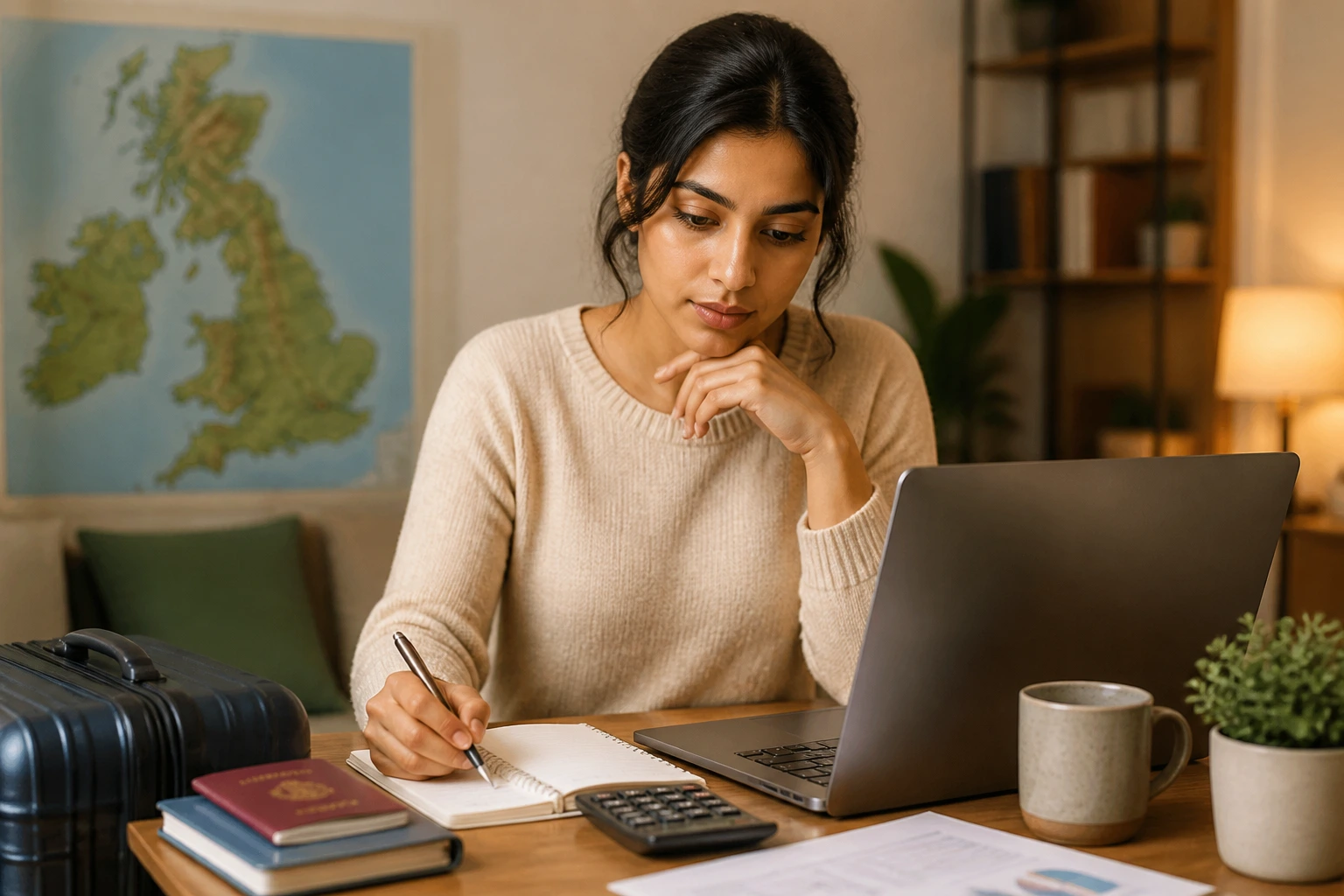 Person at home desk reviewing relocation documents with UK map.