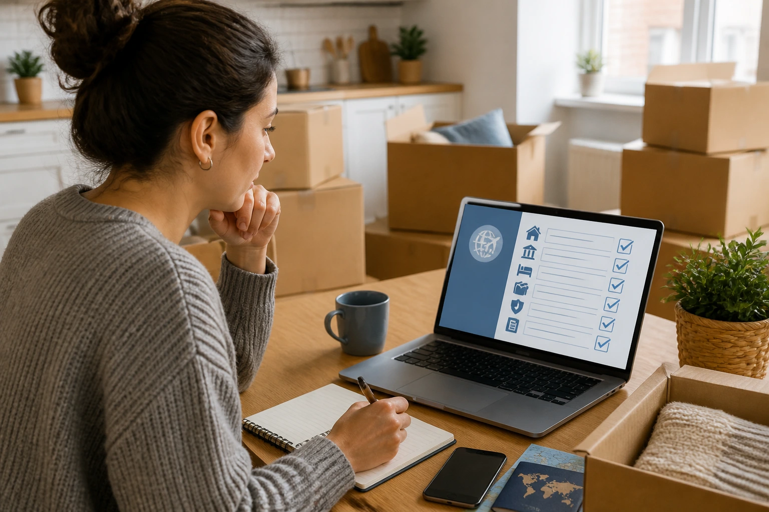 Person planning relocation at home with boxes and laptop