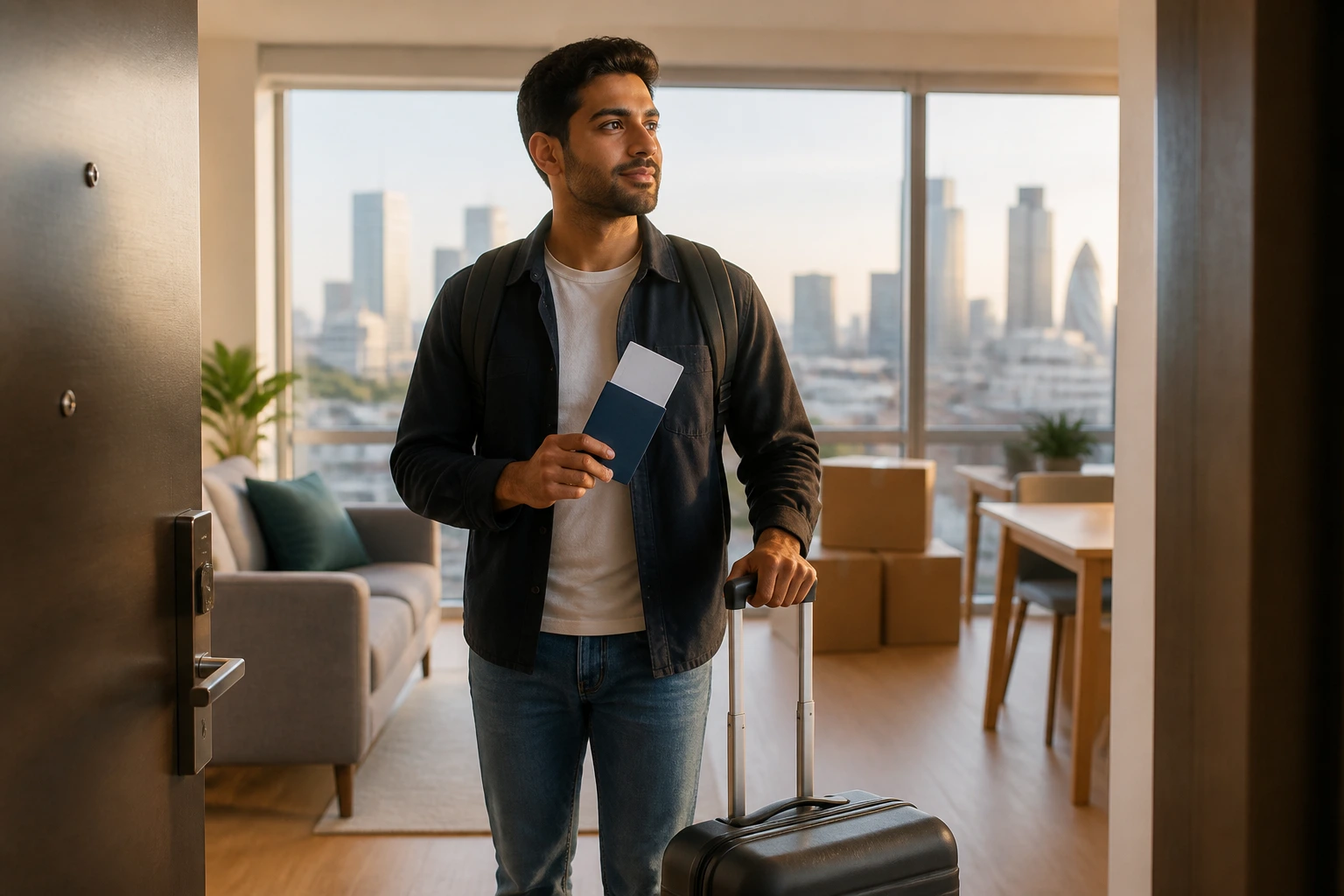 Person at apartment threshold planning relocation with suitcase for UK move