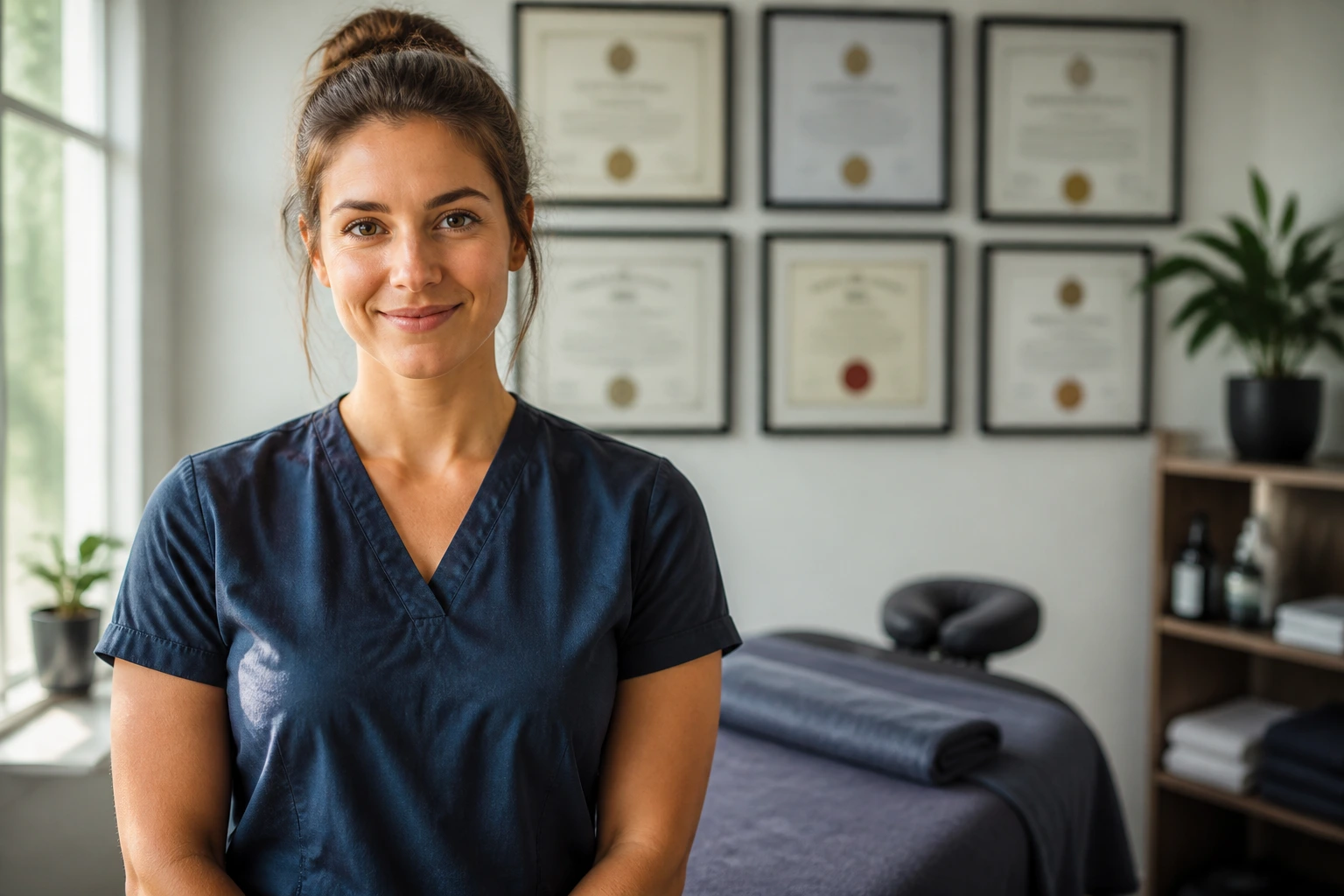 Therapist with blurred diplomas in the background illustrating remedial qualifications