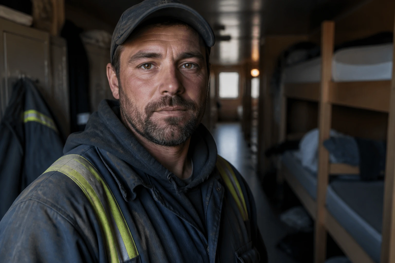 Close-up portrait of a heavy equipment operator in a remote camp dorm setting.