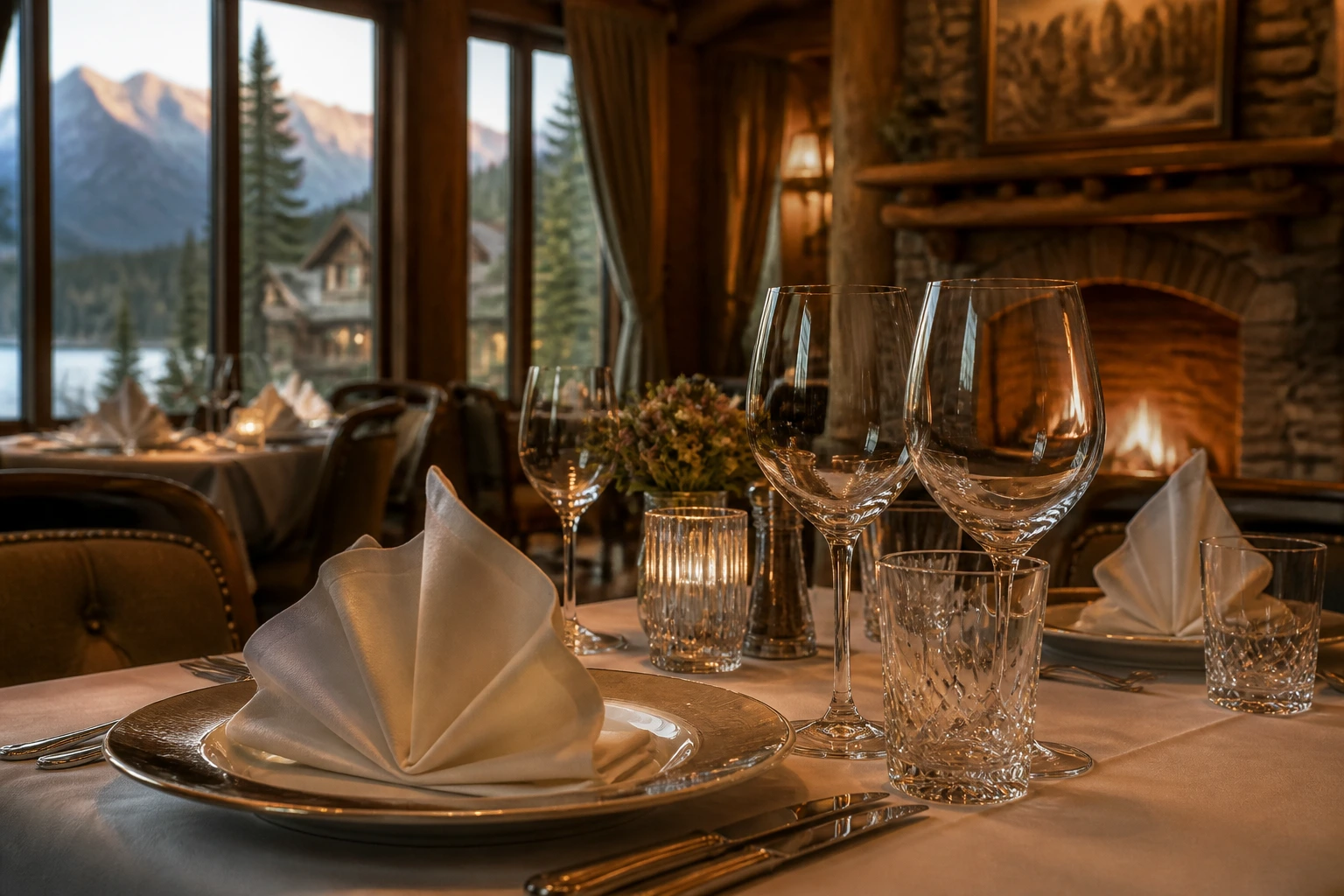 Elegant dining table setting in a rustic remote restaurant