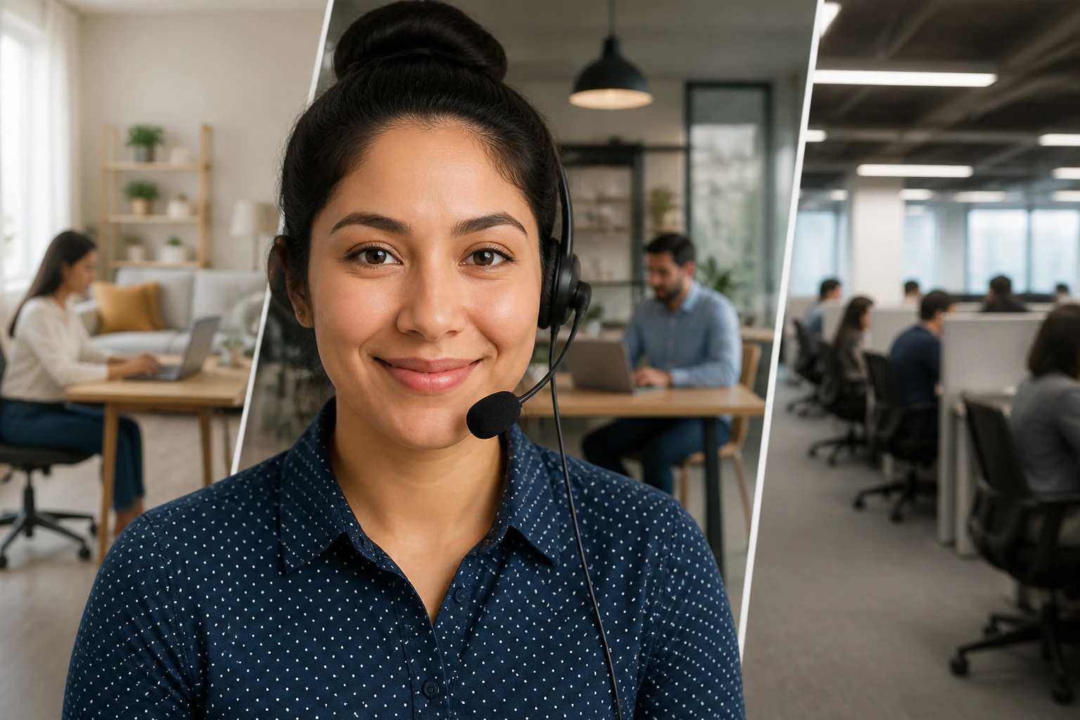 Portrait of a real person with headset against a blurred background suggesting remote, hybrid, and on-site work setups
