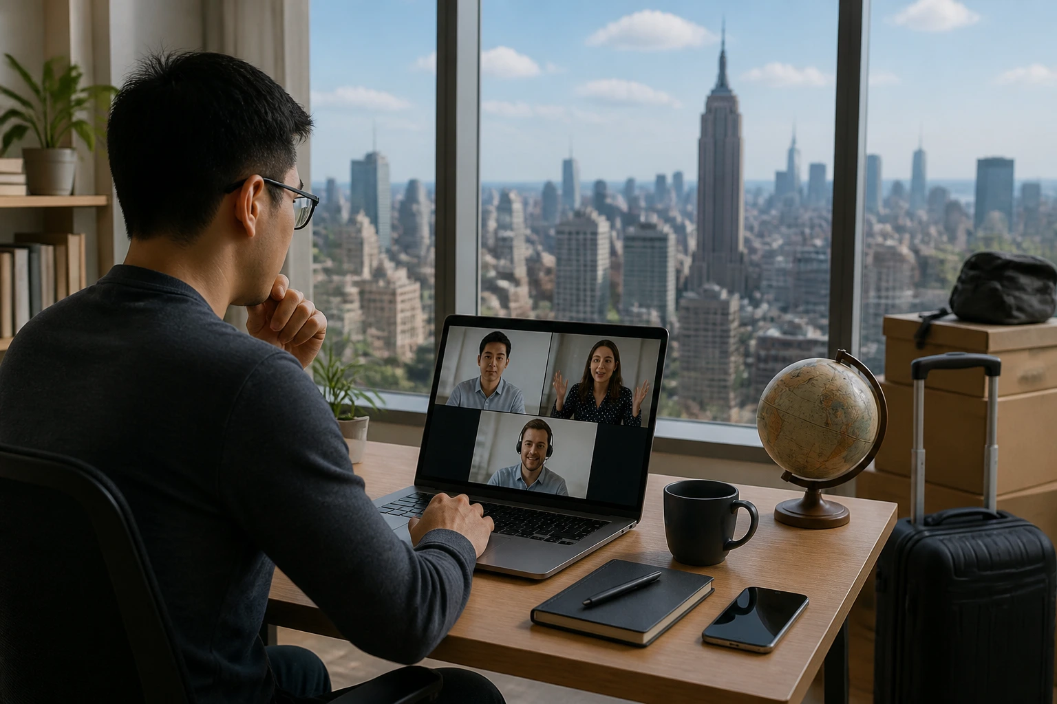 Person working from home at a laptop with city view outside window