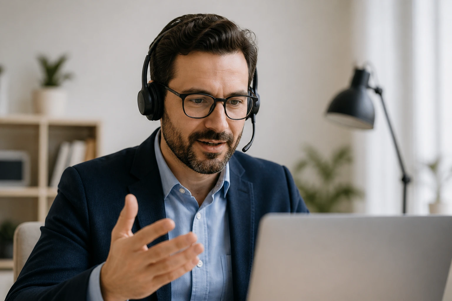 Professional preparing for a remote interview in a home office
