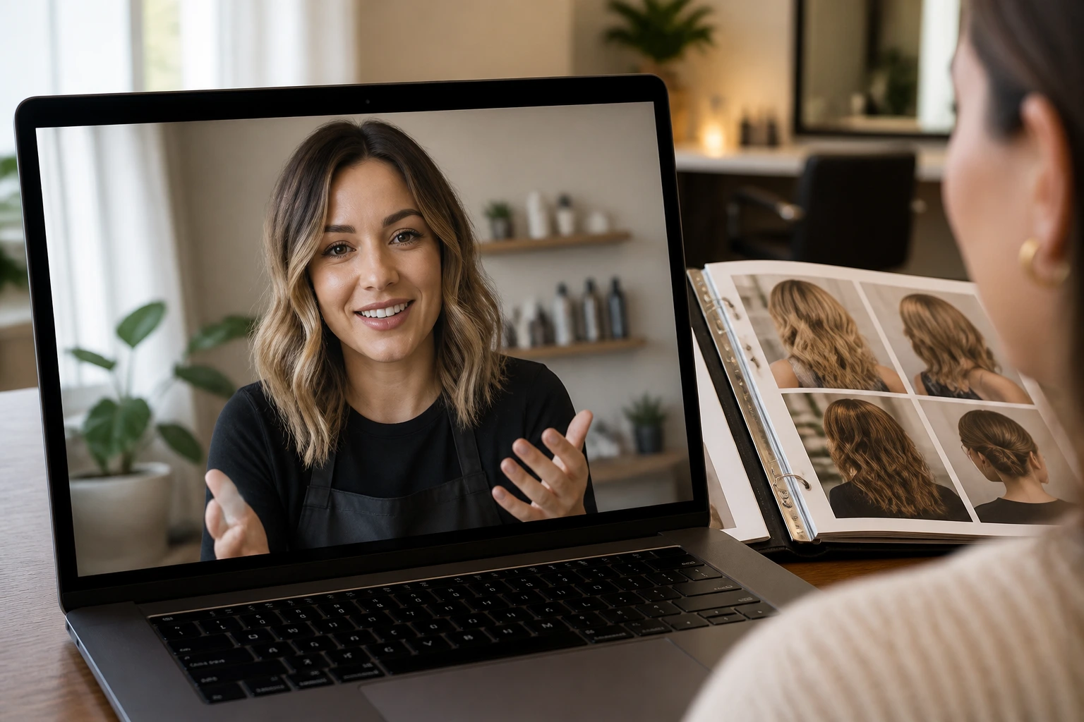 Hairstylist on a video interview seen on laptop in a bright home office