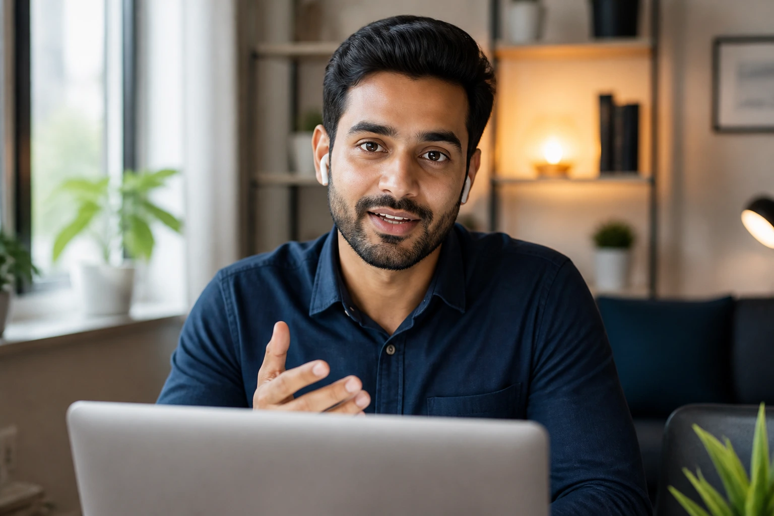 Close-up of a real person during a remote video interview in a home office
