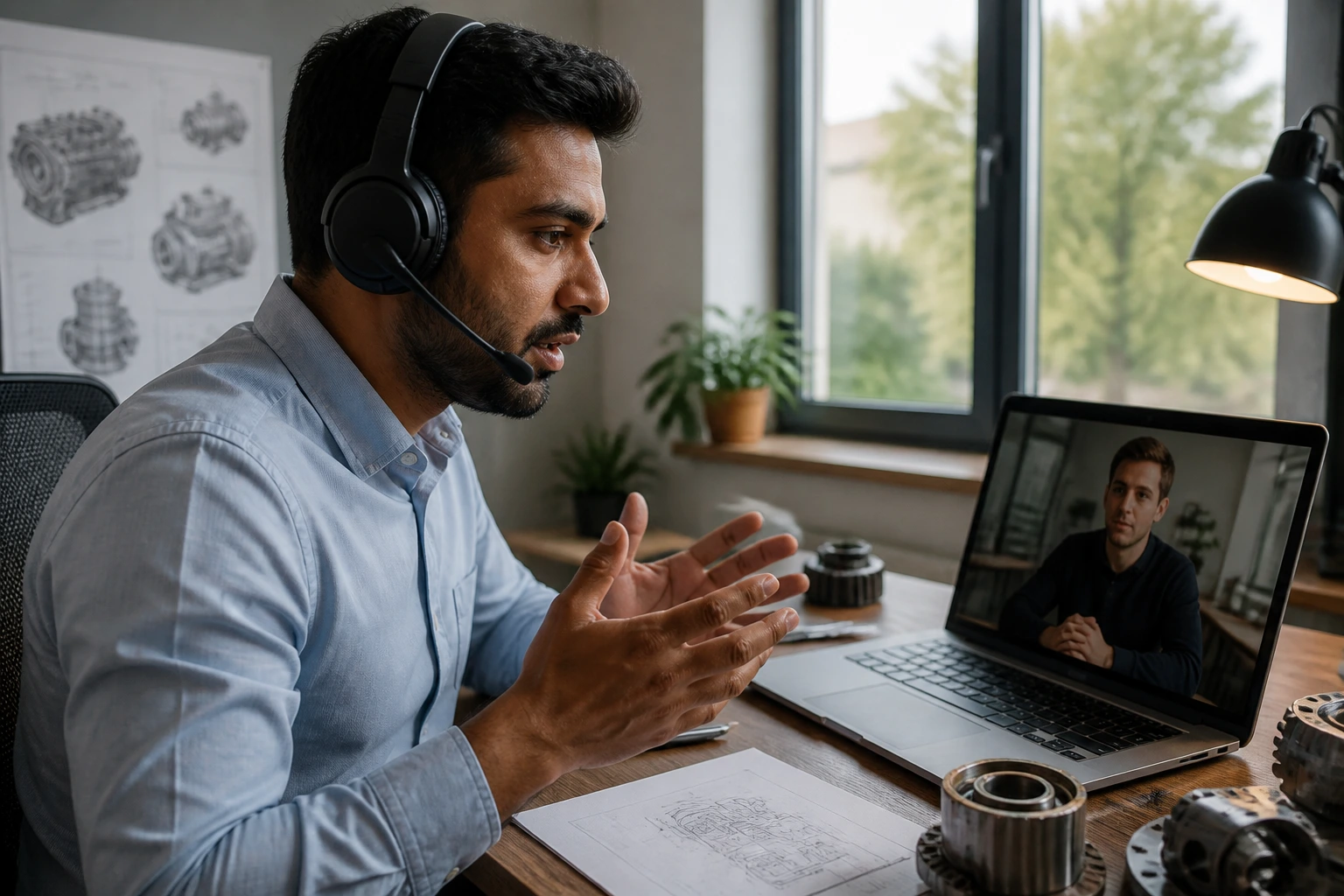 Close-up portrait of a mechanical engineer during a remote interview in a home office