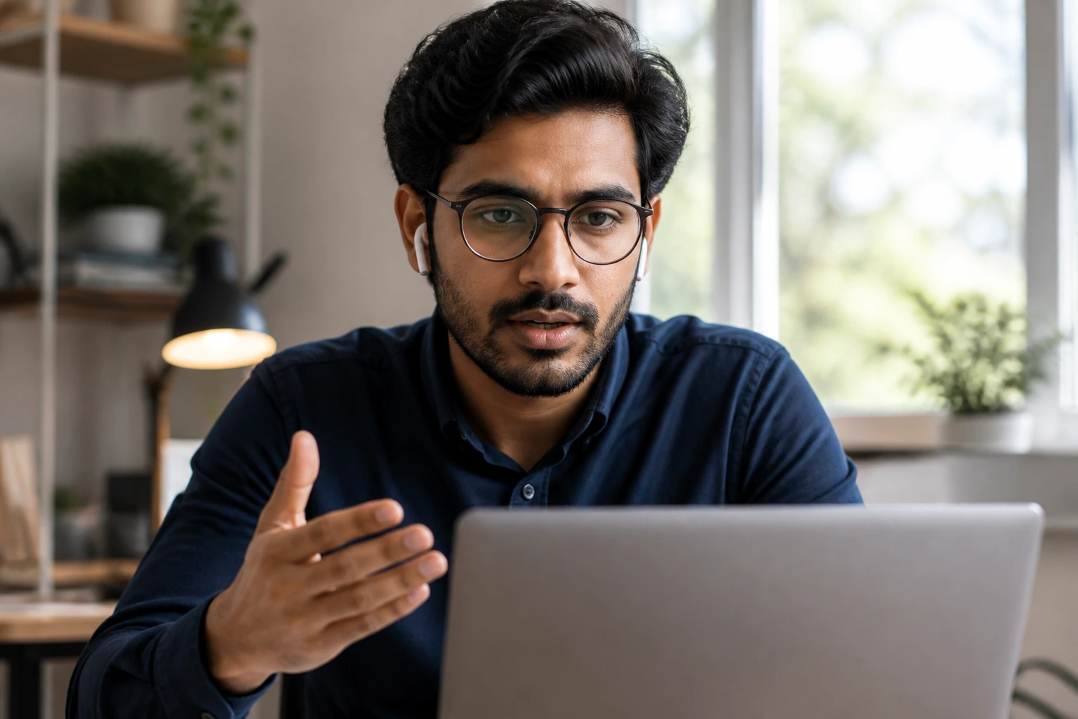 Close-up portrait of a professional during a remote video interview in a bright home office