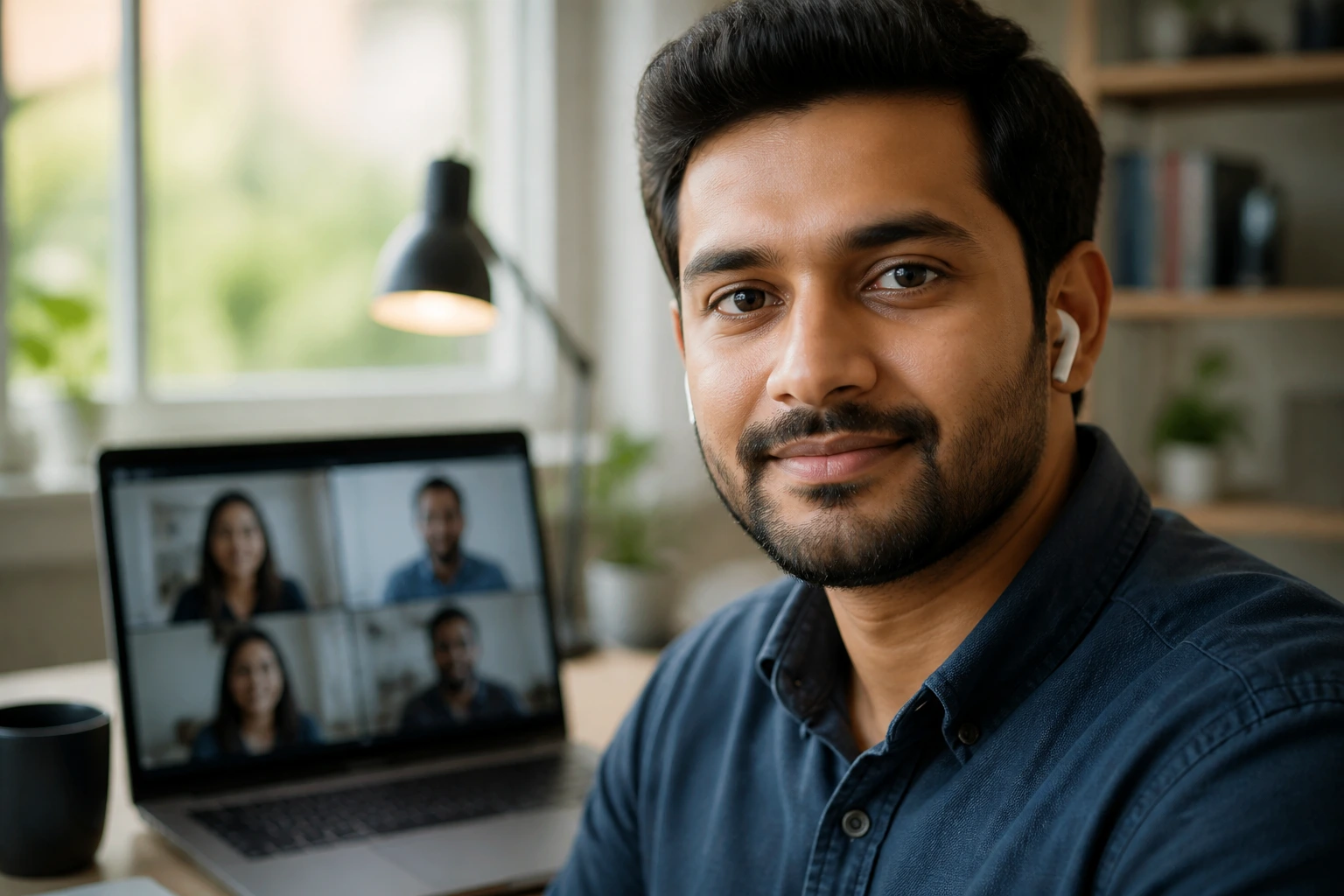 Close-up portrait of a professional in a home-office ready for remote interviews