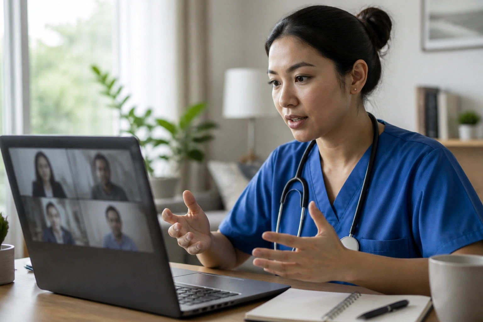 Portrait of a person in a video interview on a laptop in a home office